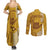 Personalised Strong Maui Couples Matching Summer Maxi Dress and Long Sleeve Button Shirts Good Living Hawaii with Shaka Sign Kakau Tribal Gold LT9 - Polynesian Pride