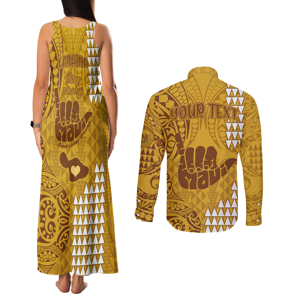 Personalised Strong Maui Couples Matching Tank Maxi Dress and Long Sleeve Button Shirts Good Living Hawaii with Shaka Sign Kakau Tribal Gold LT9 - Polynesian Pride