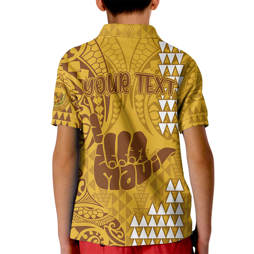 Personalised Strong Maui Kid Polo Shirt Good Living Hawaii with Shaka Sign Kakau Tribal Gold LT9 - Polynesian Pride