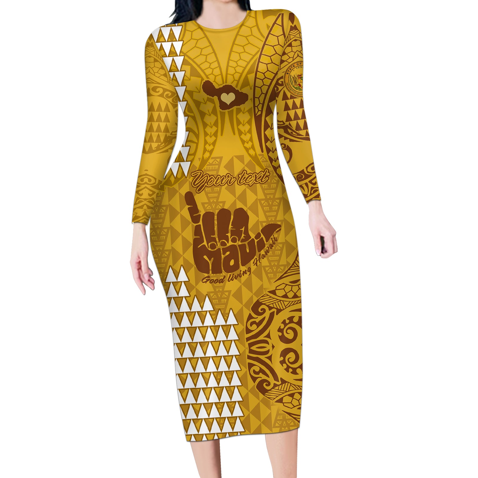 Personalised Strong Maui Long Sleeve Bodycon Dress Good Living Hawaii with Shaka Sign Kakau Tribal Gold LT9 Long Dress Gold - Polynesian Pride