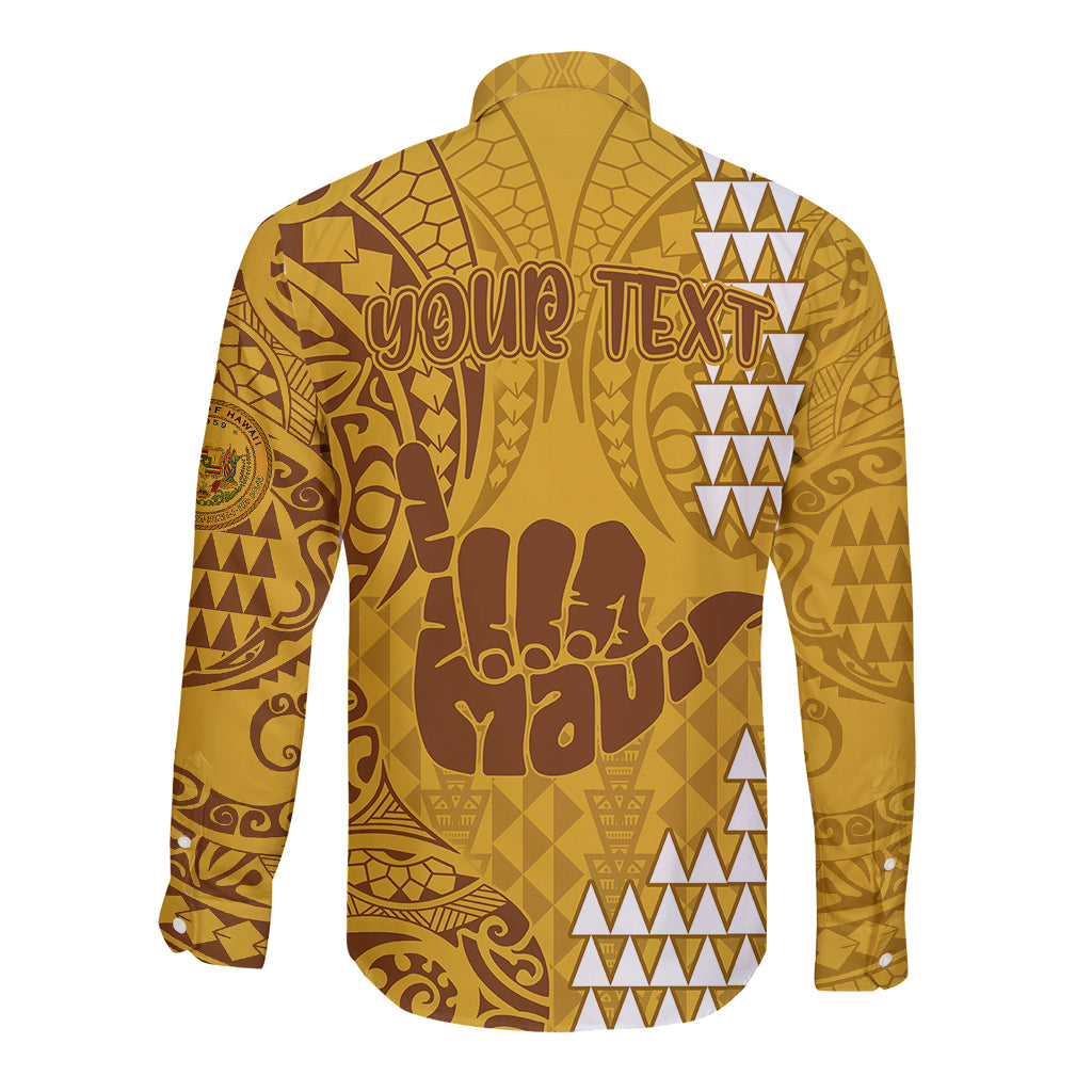 Personalised Strong Maui Long Sleeve Button Shirt Good Living Hawaii with Shaka Sign Kakau Tribal Gold LT9 - Polynesian Pride