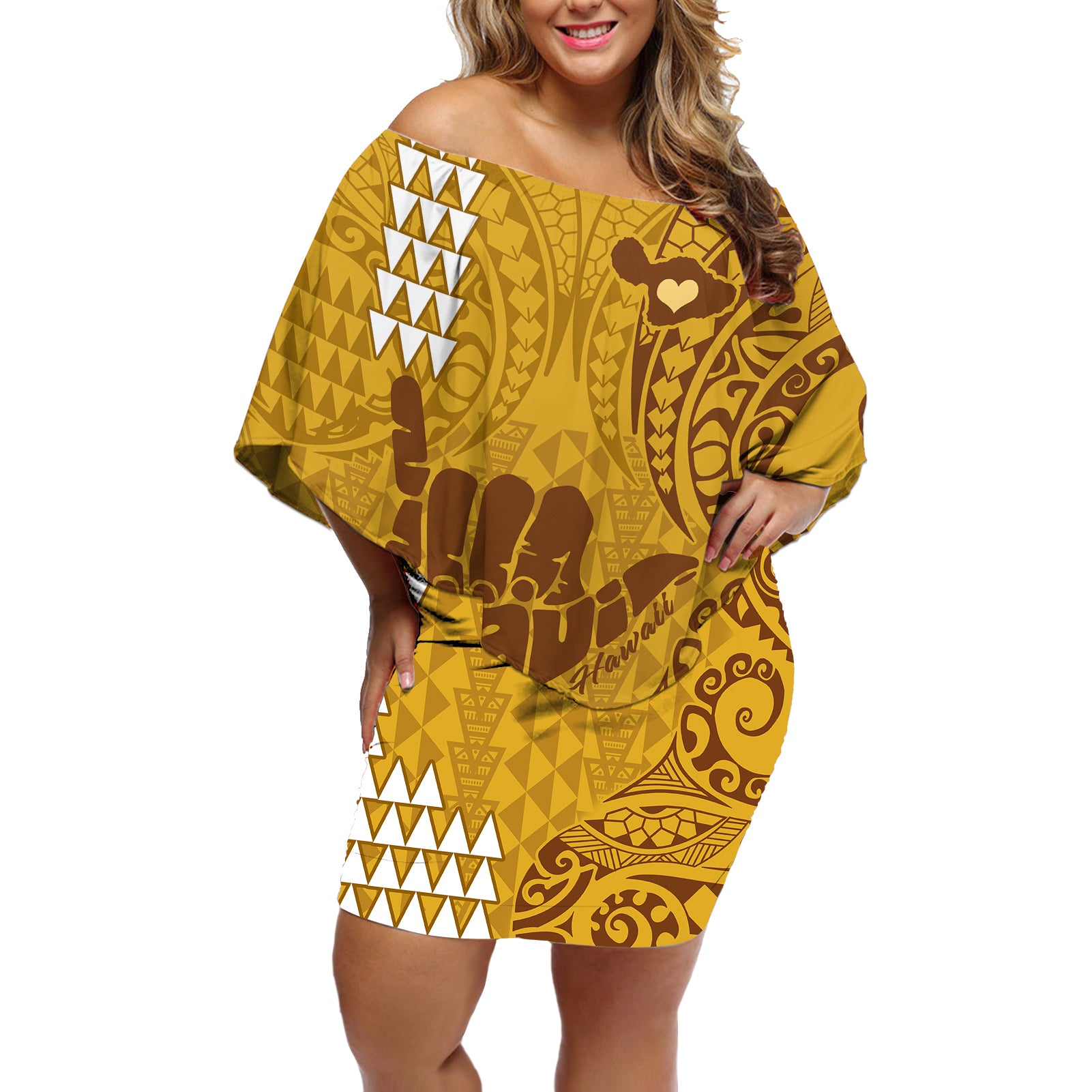 Personalised Strong Maui Off Shoulder Short Dress Good Living Hawaii with Shaka Sign Kakau Tribal Gold LT9 Women Gold - Polynesian Pride