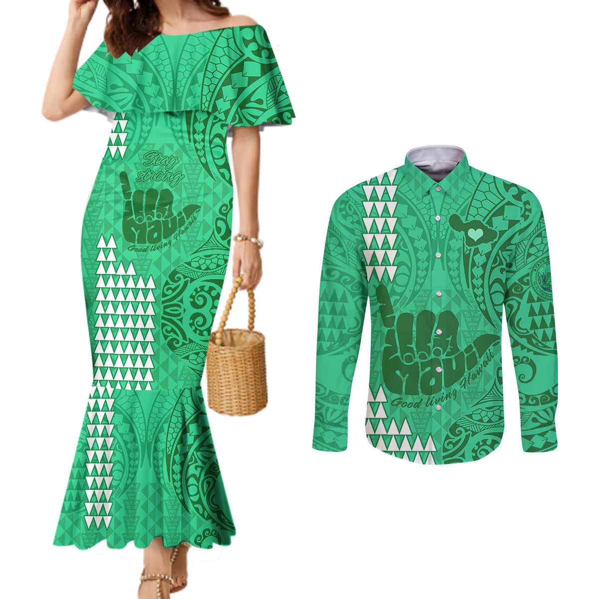 Strong Maui Couples Matching Mermaid Dress and Long Sleeve Button Shirts Good Living Hawaii with Shaka Sign Kakau Tribal Green LT9 Green - Polynesian Pride