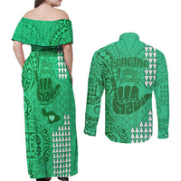 Strong Maui Couples Matching Off Shoulder Maxi Dress and Long Sleeve Button Shirts Good Living Hawaii with Shaka Sign Kakau Tribal Green LT9 - Polynesian Pride