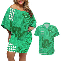 Strong Maui Couples Matching Off Shoulder Short Dress and Hawaiian Shirt Good Living Hawaii with Shaka Sign Kakau Tribal Green LT9 Green - Polynesian Pride