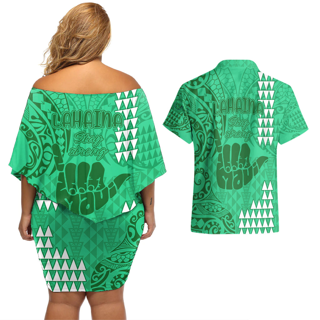 Strong Maui Couples Matching Off Shoulder Short Dress and Hawaiian Shirt Good Living Hawaii with Shaka Sign Kakau Tribal Green LT9 - Polynesian Pride