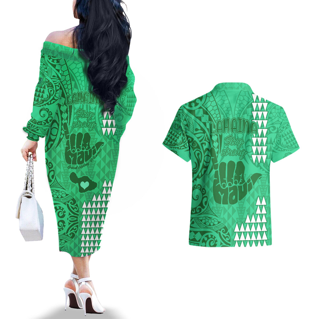 Strong Maui Couples Matching Off The Shoulder Long Sleeve Dress and Hawaiian Shirt Good Living Hawaii with Shaka Sign Kakau Tribal Green LT9 - Polynesian Pride