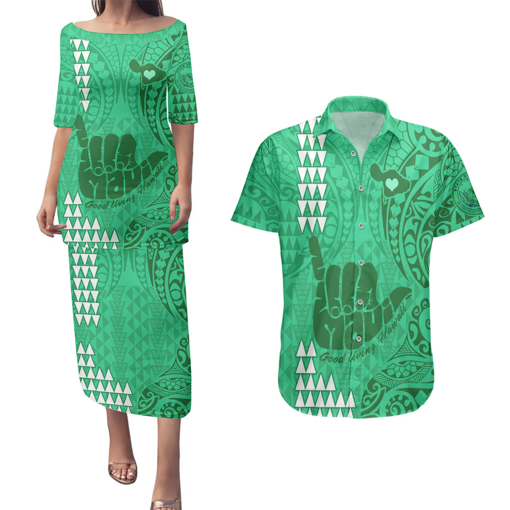 Strong Maui Couples Matching Puletasi Dress and Hawaiian Shirt Good Living Hawaii with Shaka Sign Kakau Tribal Green LT9 Green - Polynesian Pride