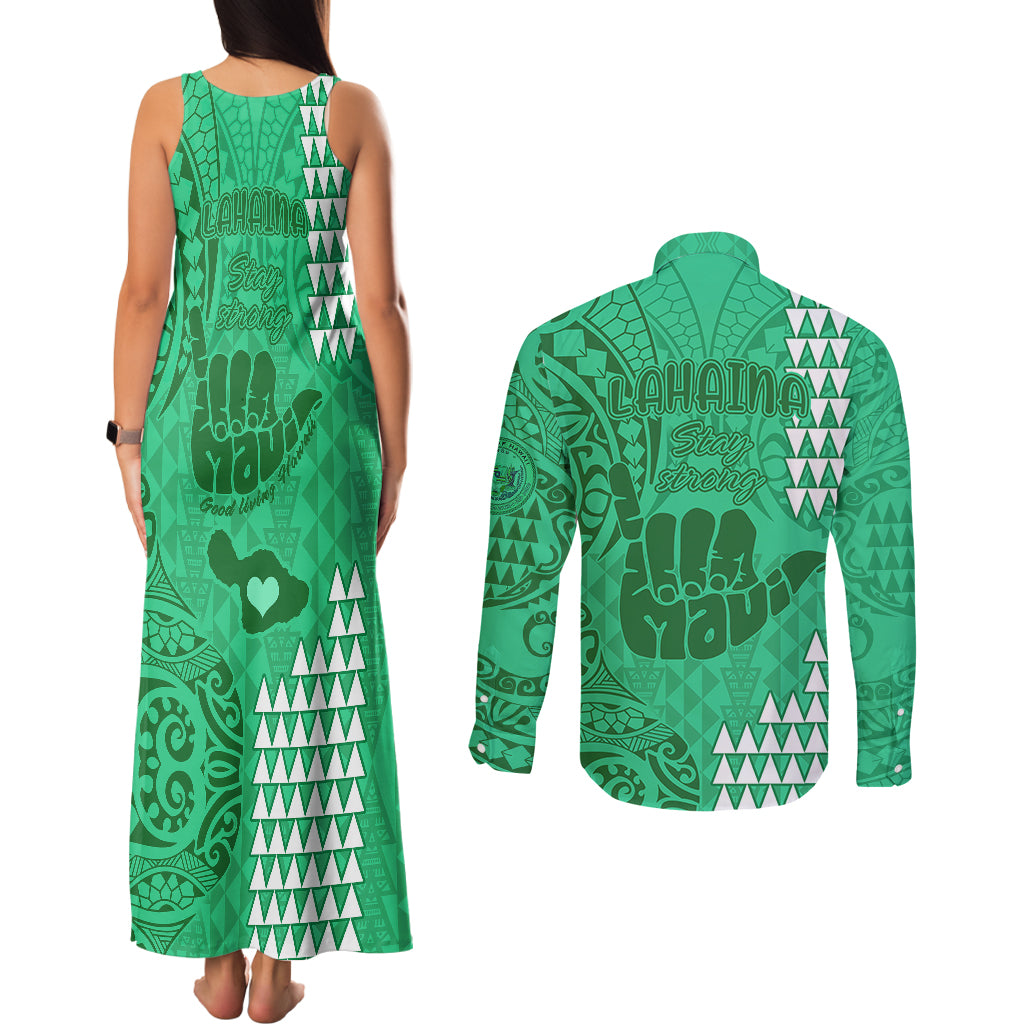 Strong Maui Couples Matching Tank Maxi Dress and Long Sleeve Button Shirts Good Living Hawaii with Shaka Sign Kakau Tribal Green LT9 - Polynesian Pride