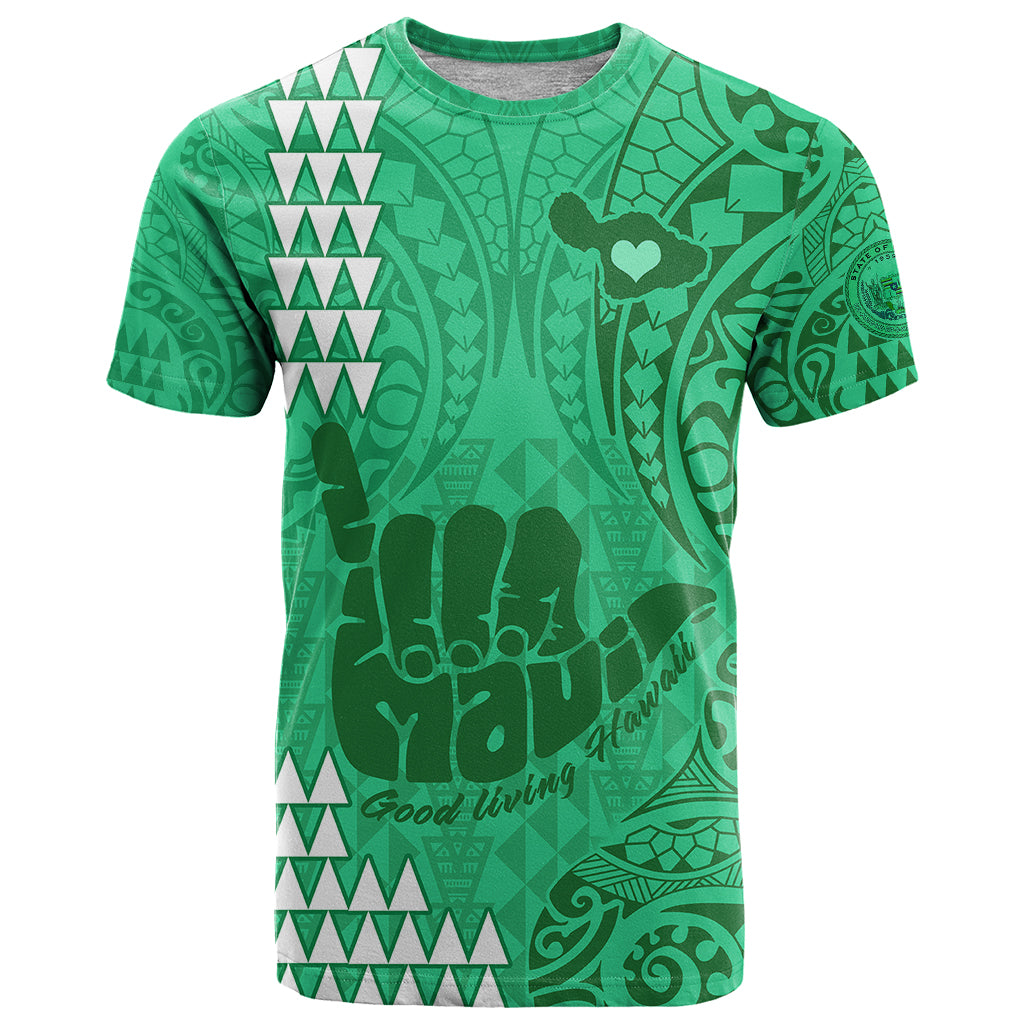 Strong Maui T Shirt Good Living Hawaii with Shaka Sign Kakau Tribal Green LT9 Green - Polynesian Pride