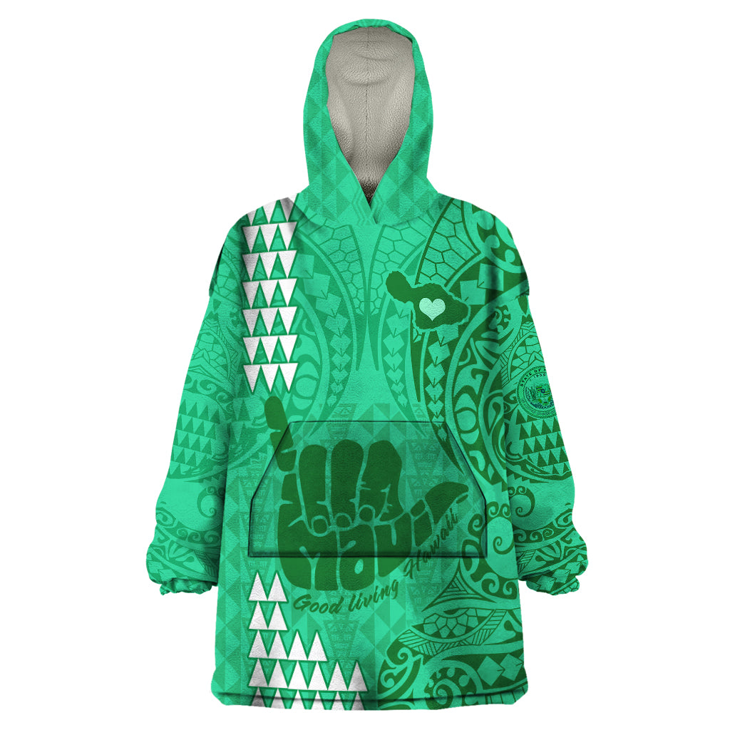 Strong Maui Wearable Blanket Hoodie Good Living Hawaii with Shaka Sign Kakau Tribal Green LT9 One Size Green - Polynesian Pride