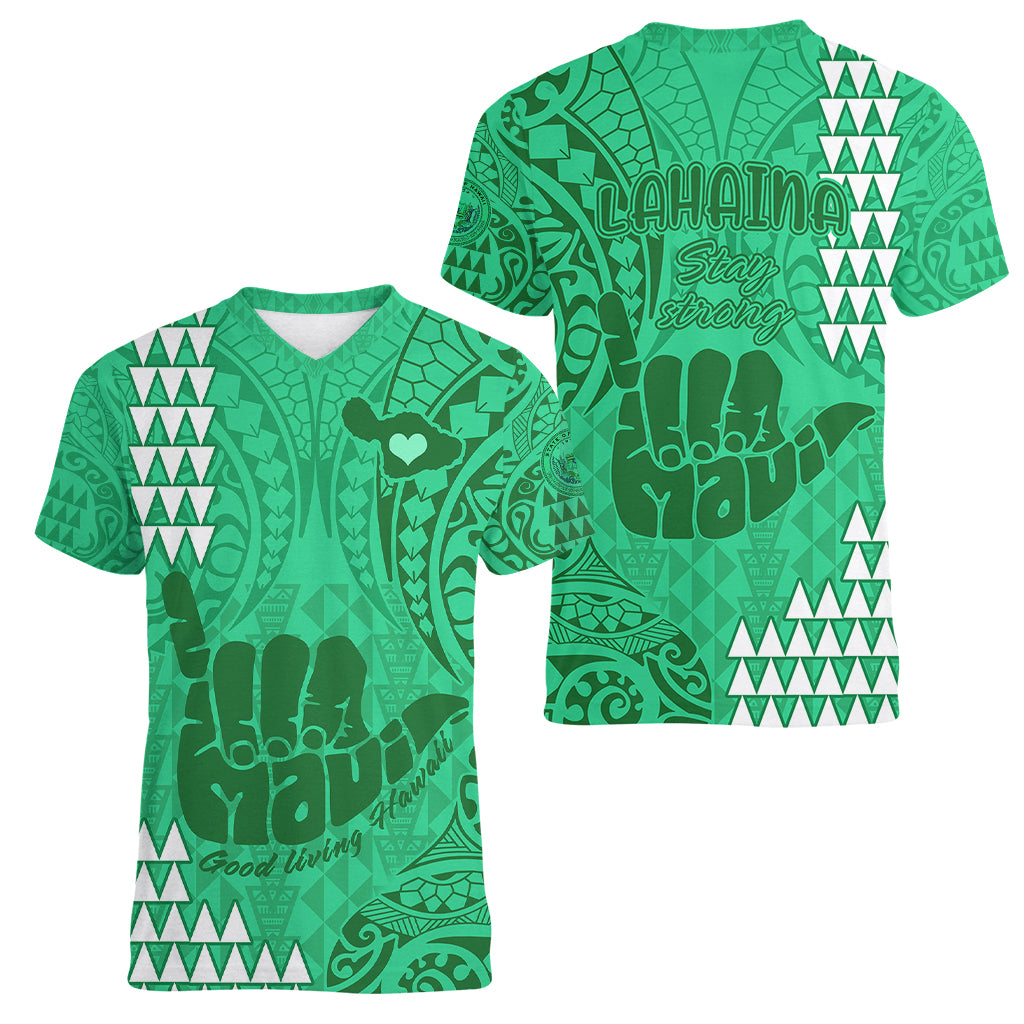 Strong Maui Women V Neck T Shirt Good Living Hawaii with Shaka Sign Kakau Tribal Green LT9 - Polynesian Pride