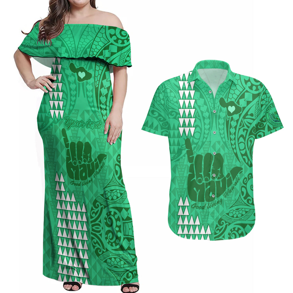 Personalised Strong Maui Couples Matching Off Shoulder Maxi Dress and Hawaiian Shirt Good Living Hawaii with Shaka Sign Kakau Tribal Green LT9 Green - Polynesian Pride