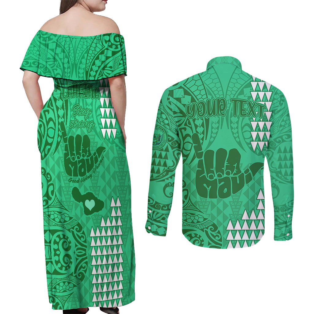 Personalised Strong Maui Couples Matching Off Shoulder Maxi Dress and Long Sleeve Button Shirts Good Living Hawaii with Shaka Sign Kakau Tribal Green LT9 - Polynesian Pride