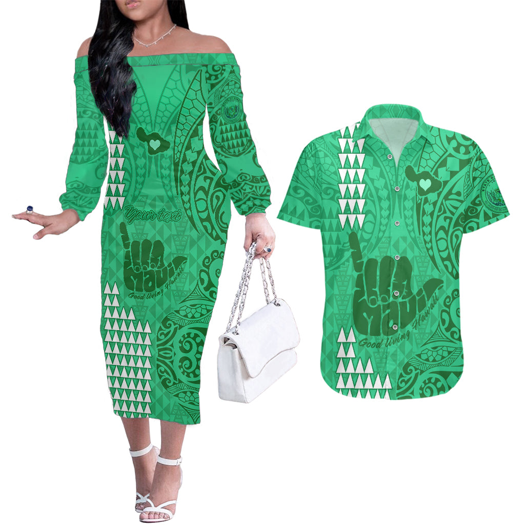 Personalised Strong Maui Couples Matching Off The Shoulder Long Sleeve Dress and Hawaiian Shirt Good Living Hawaii with Shaka Sign Kakau Tribal Green LT9 Green - Polynesian Pride