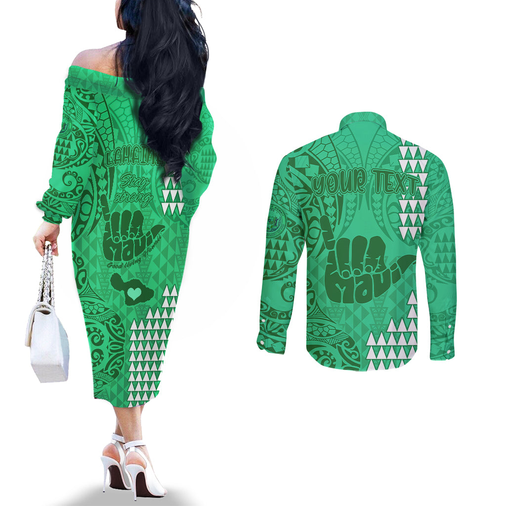 Personalised Strong Maui Couples Matching Off The Shoulder Long Sleeve Dress and Long Sleeve Button Shirts Good Living Hawaii with Shaka Sign Kakau Tribal Green LT9 - Polynesian Pride