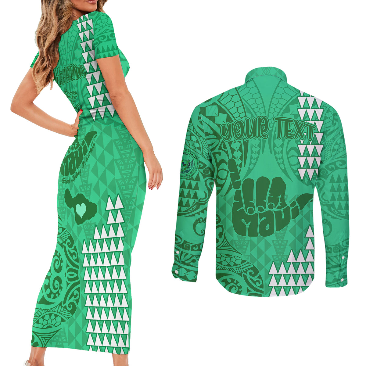 Personalised Strong Maui Couples Matching Short Sleeve Bodycon Dress and Long Sleeve Button Shirts Good Living Hawaii with Shaka Sign Kakau Tribal Green LT9 - Polynesian Pride