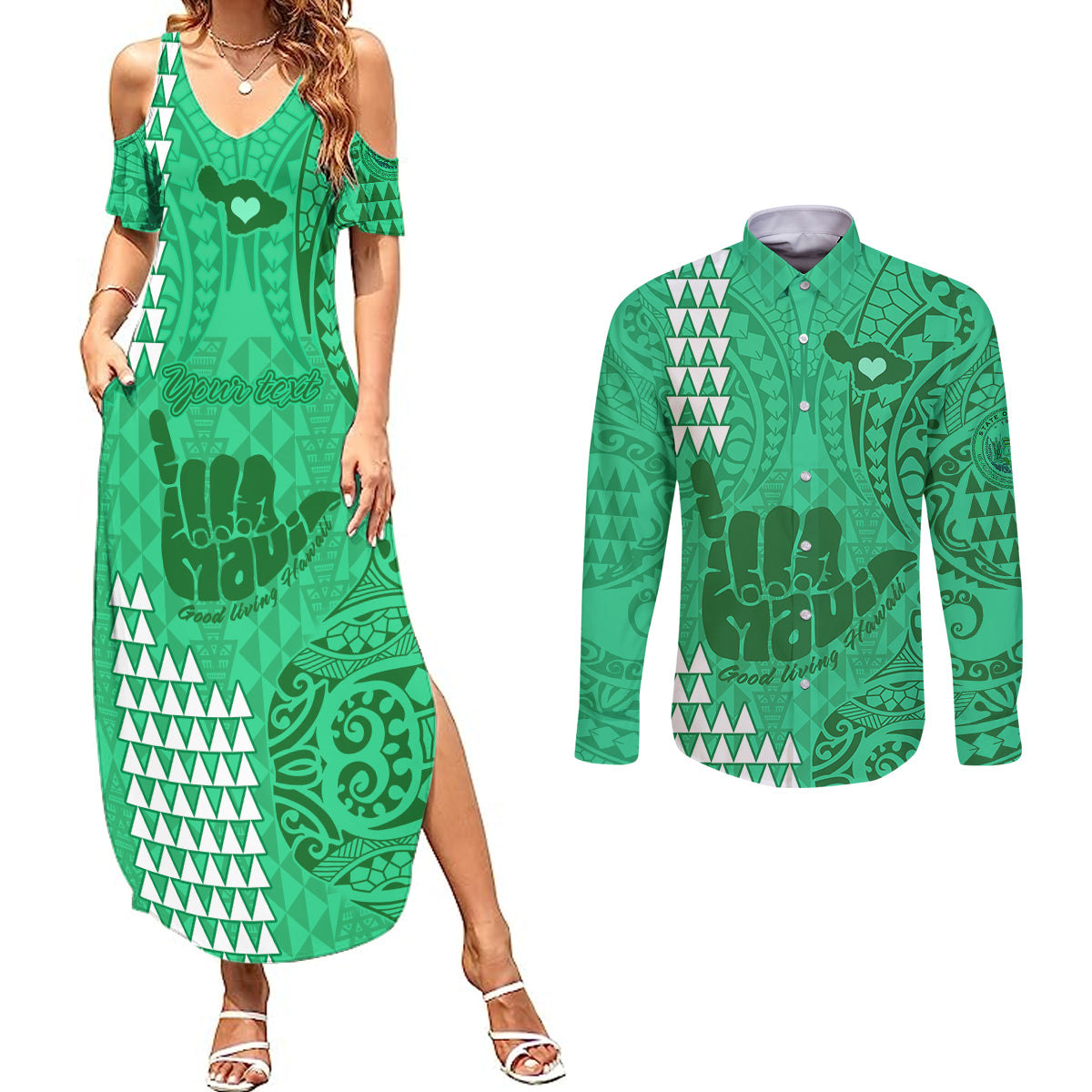 Personalised Strong Maui Couples Matching Summer Maxi Dress and Long Sleeve Button Shirts Good Living Hawaii with Shaka Sign Kakau Tribal Green LT9 Green - Polynesian Pride