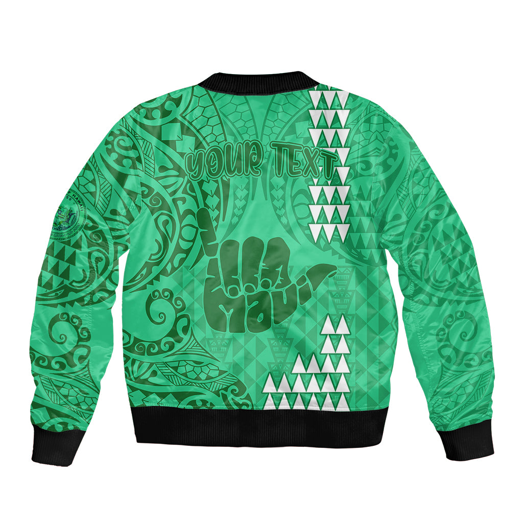 Personalised Strong Maui Sleeve Zip Bomber Jacket Good Living Hawaii with Shaka Sign Kakau Tribal Green LT9 - Polynesian Pride