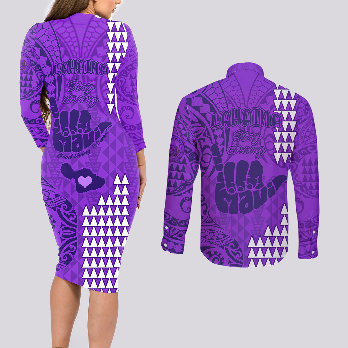 Strong Maui Couples Matching Long Sleeve Bodycon Dress and Long Sleeve Button Shirts Good Living Hawaii with Shaka Sign Kakau Tribal Purple LT9 - Polynesian Pride