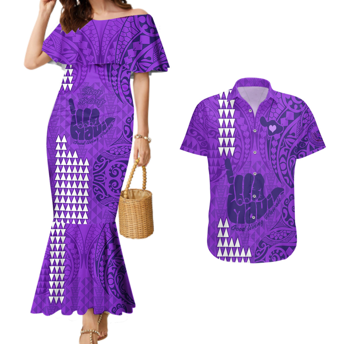 Strong Maui Couples Matching Mermaid Dress and Hawaiian Shirt Good Living Hawaii with Shaka Sign Kakau Tribal Purple LT9 Purple - Polynesian Pride