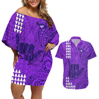 Strong Maui Couples Matching Off Shoulder Short Dress and Hawaiian Shirt Good Living Hawaii with Shaka Sign Kakau Tribal Purple LT9 Purple - Polynesian Pride
