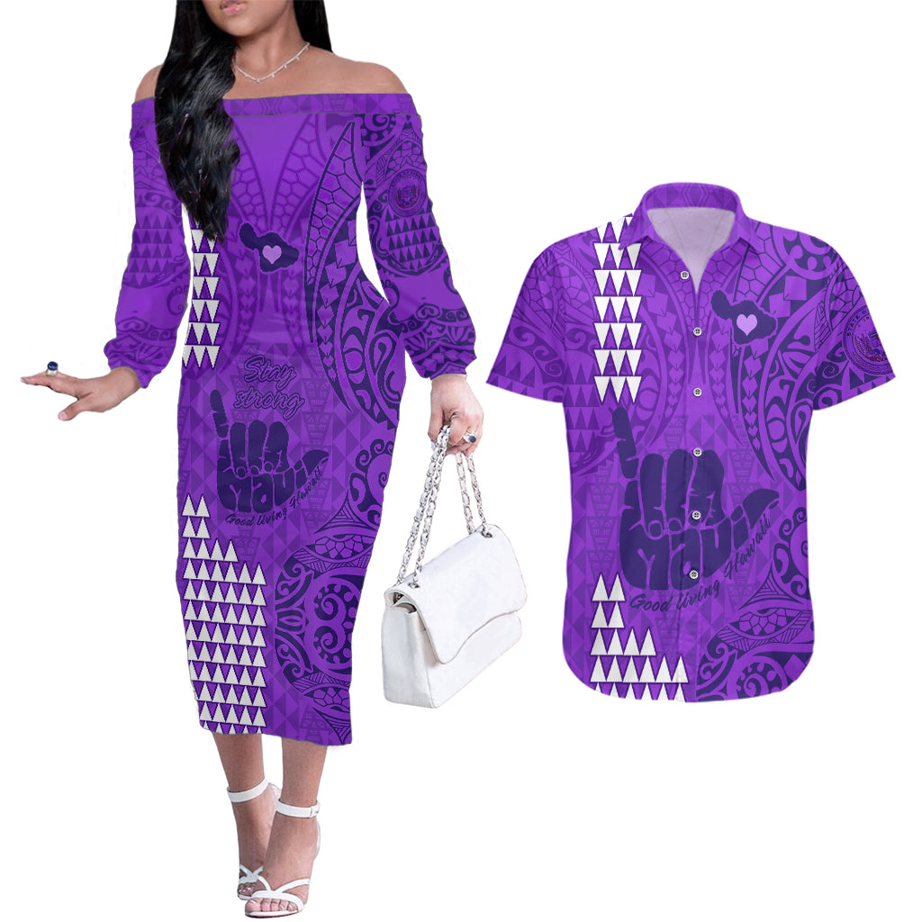 Strong Maui Couples Matching Off The Shoulder Long Sleeve Dress and Hawaiian Shirt Good Living Hawaii with Shaka Sign Kakau Tribal Purple LT9 Purple - Polynesian Pride