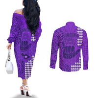 Strong Maui Couples Matching Off The Shoulder Long Sleeve Dress and Long Sleeve Button Shirts Good Living Hawaii with Shaka Sign Kakau Tribal Purple LT9 - Polynesian Pride