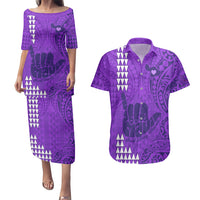 Strong Maui Couples Matching Puletasi Dress and Hawaiian Shirt Good Living Hawaii with Shaka Sign Kakau Tribal Purple LT9 Purple - Polynesian Pride