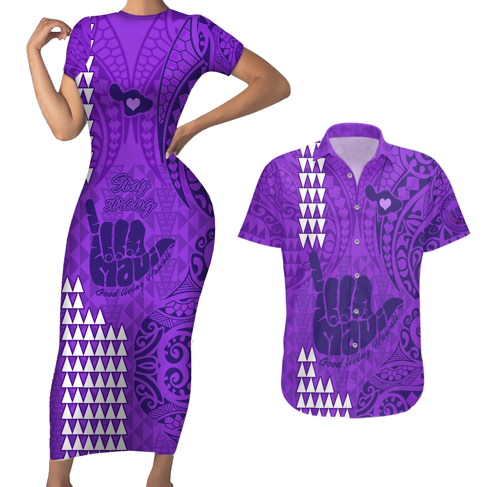 Strong Maui Couples Matching Short Sleeve Bodycon Dress and Hawaiian Shirt Good Living Hawaii with Shaka Sign Kakau Tribal Purple LT9 Purple - Polynesian Pride