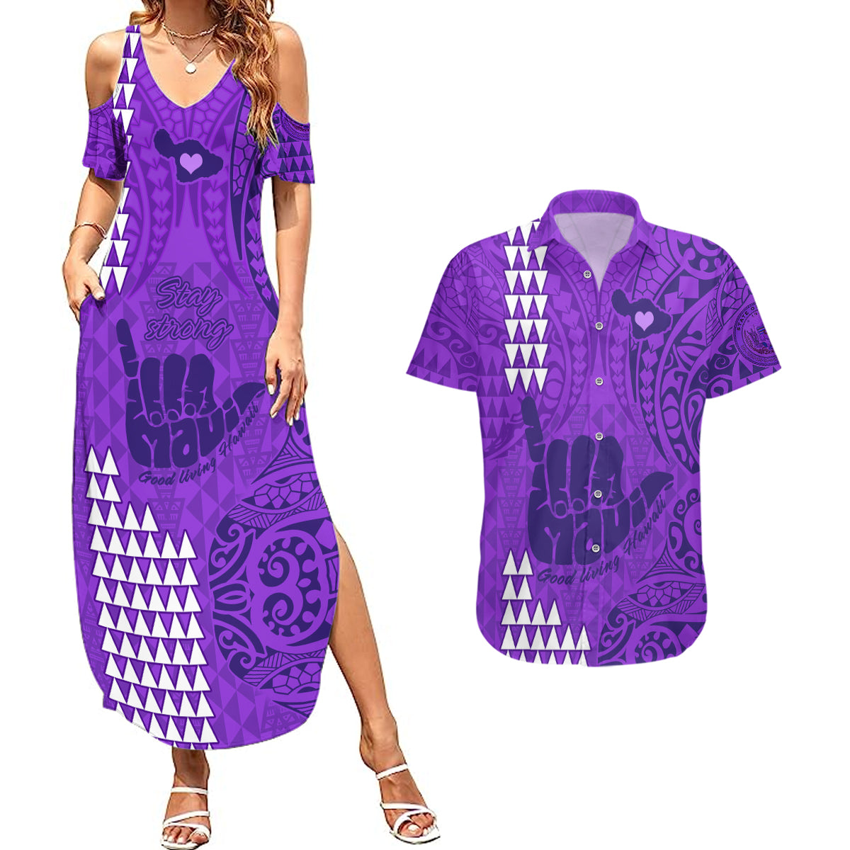 Strong Maui Couples Matching Summer Maxi Dress and Hawaiian Shirt Good Living Hawaii with Shaka Sign Kakau Tribal Purple LT9 Purple - Polynesian Pride