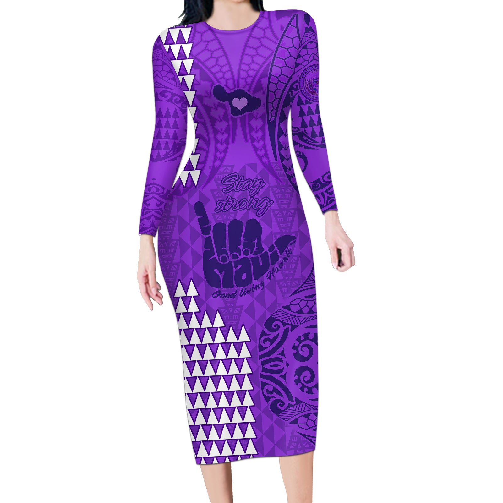 Strong Maui Long Sleeve Bodycon Dress Good Living Hawaii with Shaka Sign Kakau Tribal Purple LT9 Long Dress Purple - Polynesian Pride