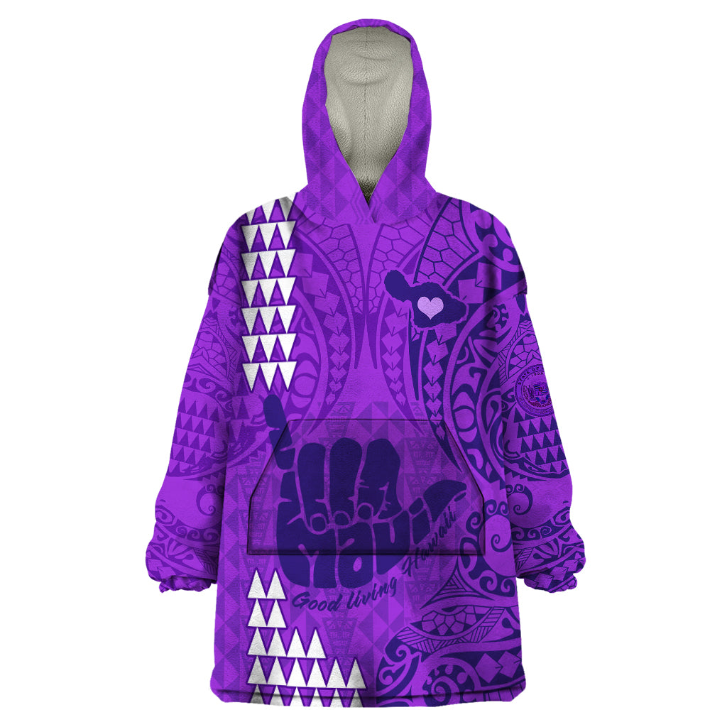 Strong Maui Wearable Blanket Hoodie Good Living Hawaii with Shaka Sign Kakau Tribal Purple LT9 One Size Purple - Polynesian Pride