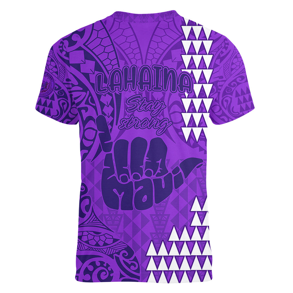 Strong Maui Women V Neck T Shirt Good Living Hawaii with Shaka Sign Kakau Tribal Purple LT9 - Polynesian Pride