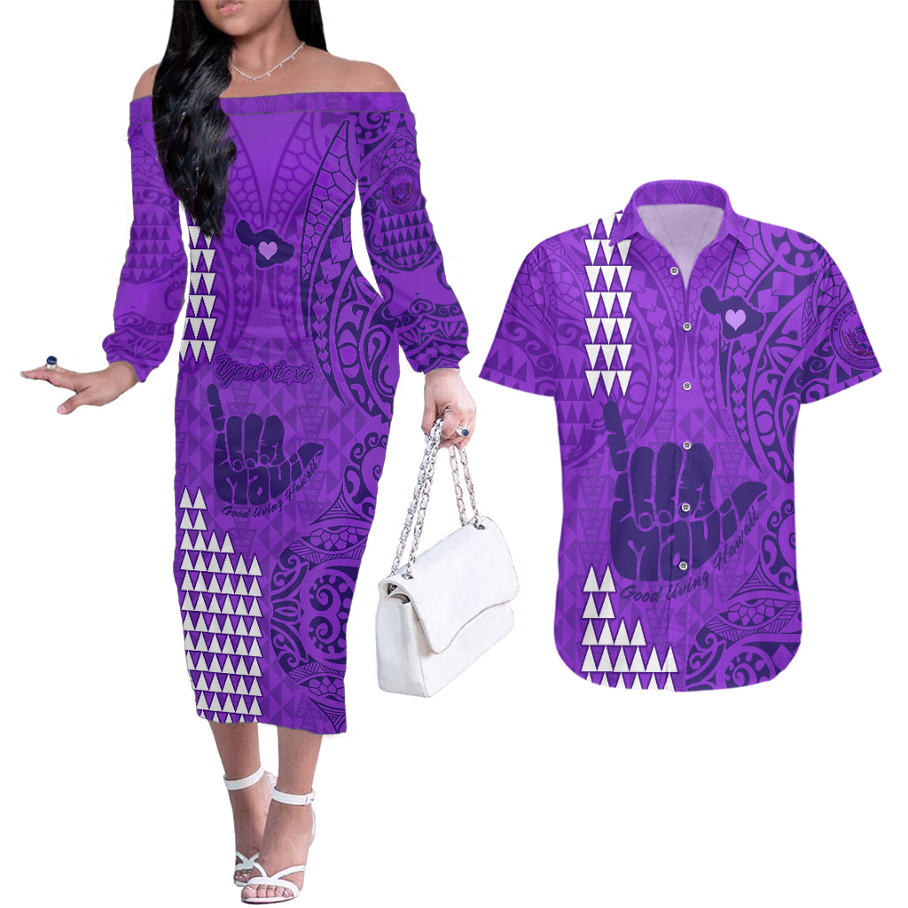 Personalised Strong Maui Couples Matching Off The Shoulder Long Sleeve Dress and Hawaiian Shirt Good Living Hawaii with Shaka Sign Kakau Tribal Purple LT9 Purple - Polynesian Pride