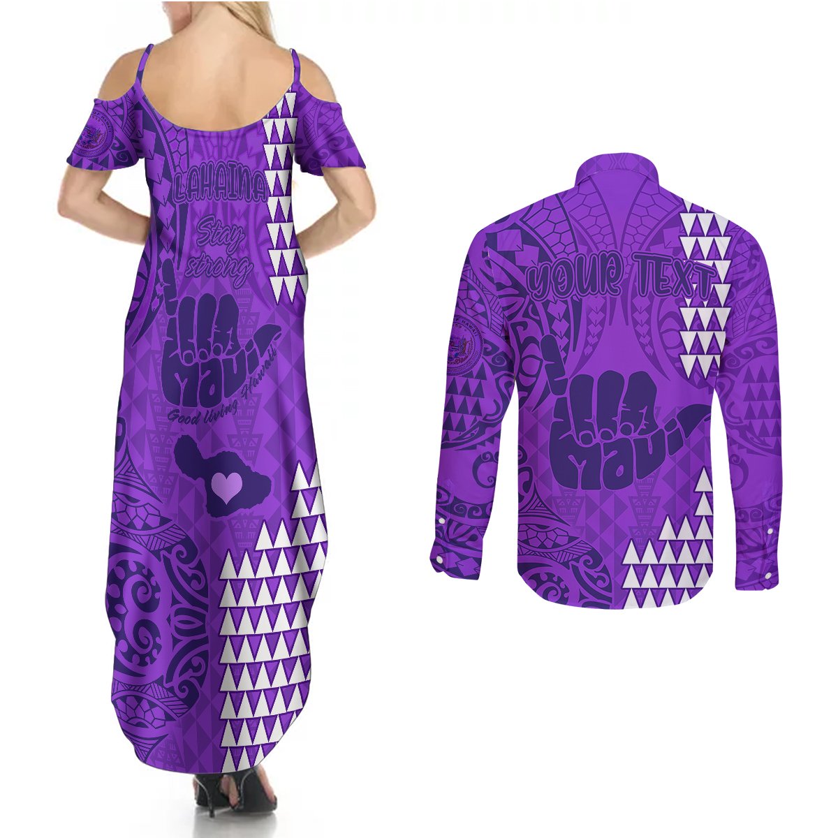 Personalised Strong Maui Couples Matching Summer Maxi Dress and Long Sleeve Button Shirts Good Living Hawaii with Shaka Sign Kakau Tribal Purple LT9 - Polynesian Pride