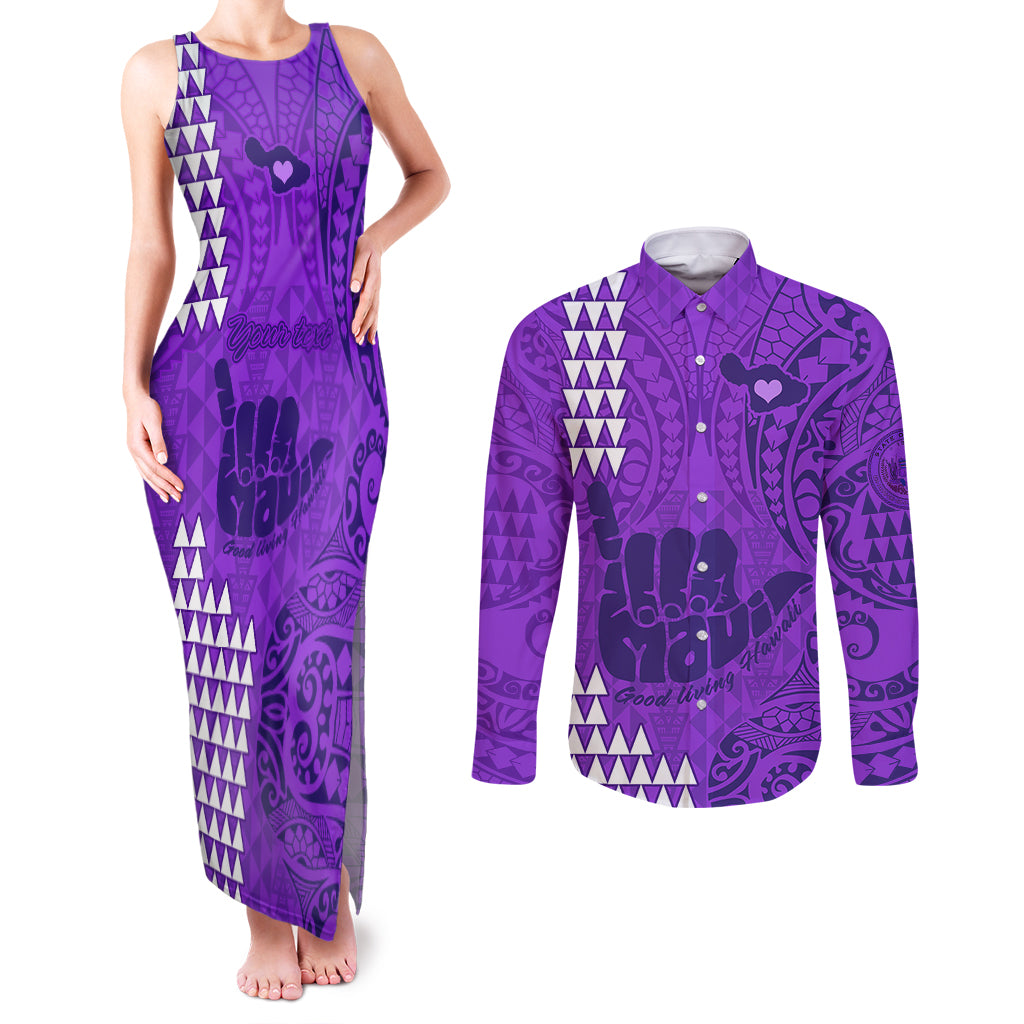Personalised Strong Maui Couples Matching Tank Maxi Dress and Long Sleeve Button Shirts Good Living Hawaii with Shaka Sign Kakau Tribal Purple LT9 Purple - Polynesian Pride
