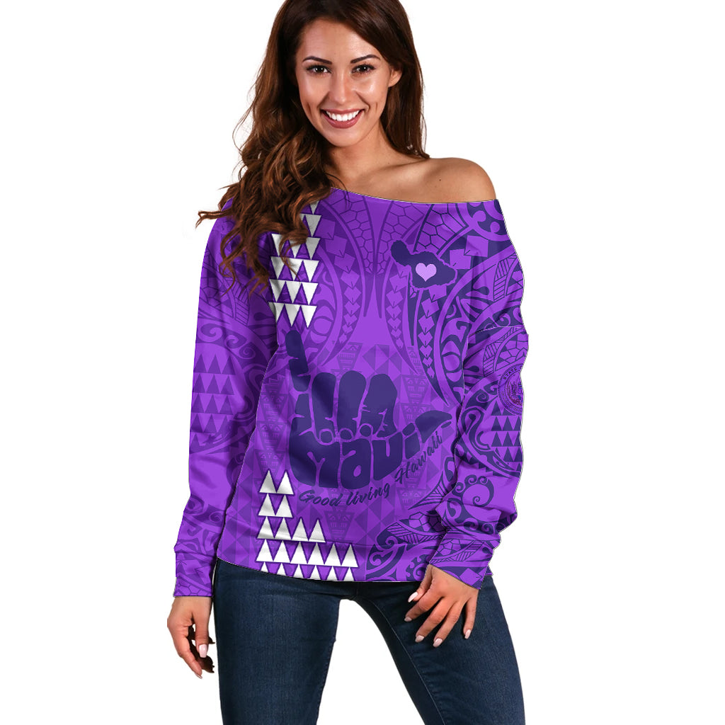 Personalised Strong Maui Off Shoulder Sweater Good Living Hawaii with Shaka Sign Kakau Tribal Purple LT9 Women Purple - Polynesian Pride