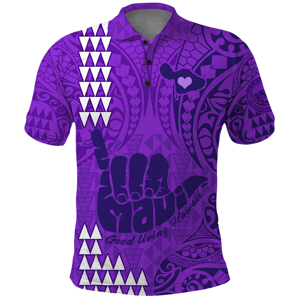 Personalised Strong Maui Polo Shirt Good Living Hawaii with Shaka Sign Kakau Tribal Purple LT9 Purple - Polynesian Pride