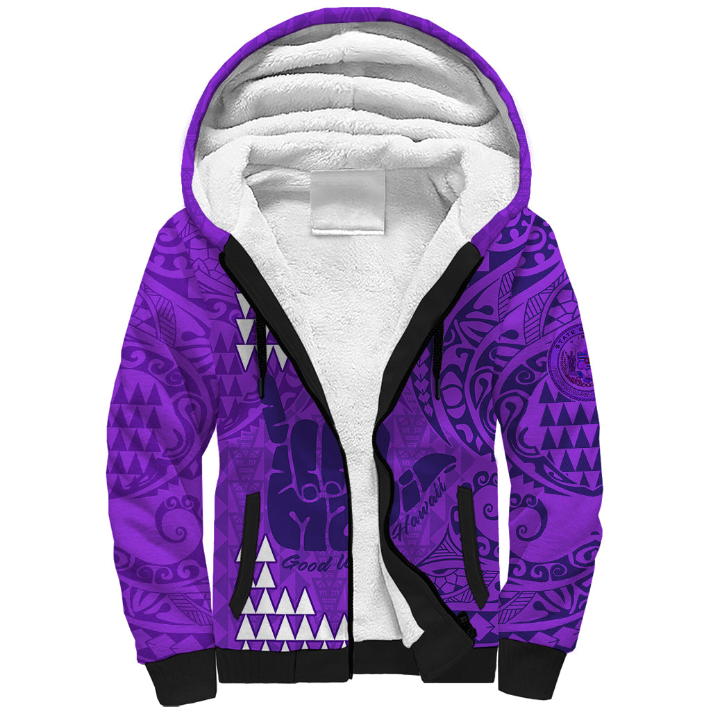 Personalised Strong Maui Sherpa Hoodie Good Living Hawaii with Shaka Sign Kakau Tribal Purple LT9 Unisex Purple - Polynesian Pride