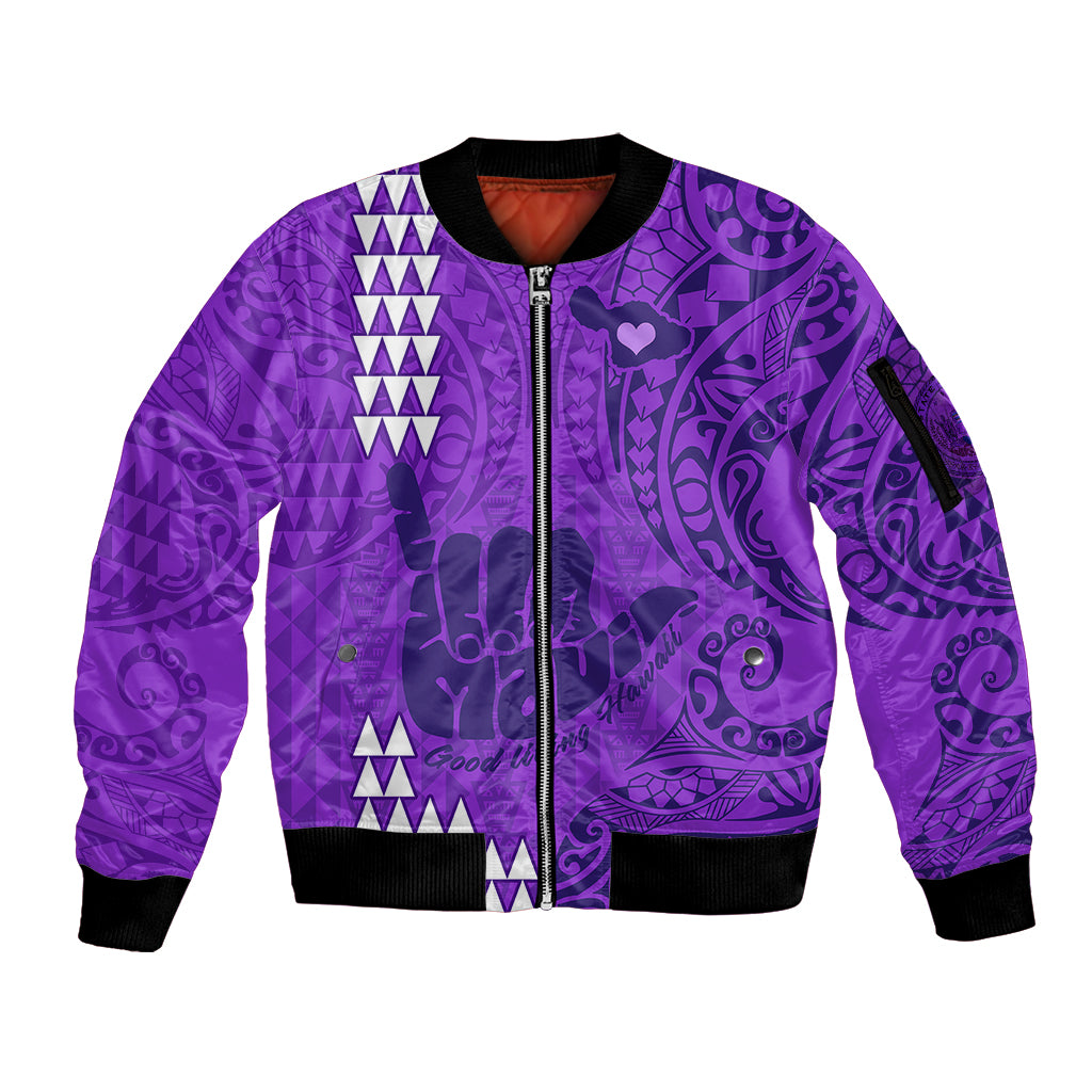 Personalised Strong Maui Sleeve Zip Bomber Jacket Good Living Hawaii with Shaka Sign Kakau Tribal Purple LT9 Unisex Purple - Polynesian Pride