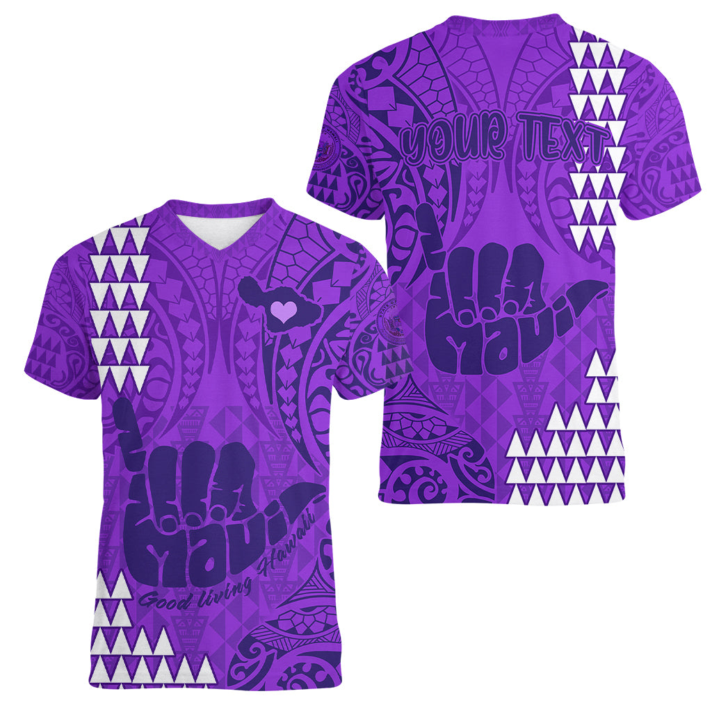 Personalised Strong Maui Women V Neck T Shirt Good Living Hawaii with Shaka Sign Kakau Tribal Purple LT9 - Polynesian Pride