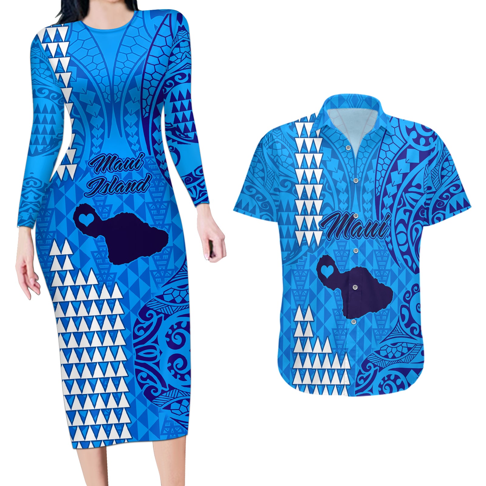 Maui Island Couples Matching Long Sleeve Bodycon Dress and Hawaiian Shirt Kakau Tribal Mixed Polynesian Pattern Blue LT9 Blue - Polynesian Pride