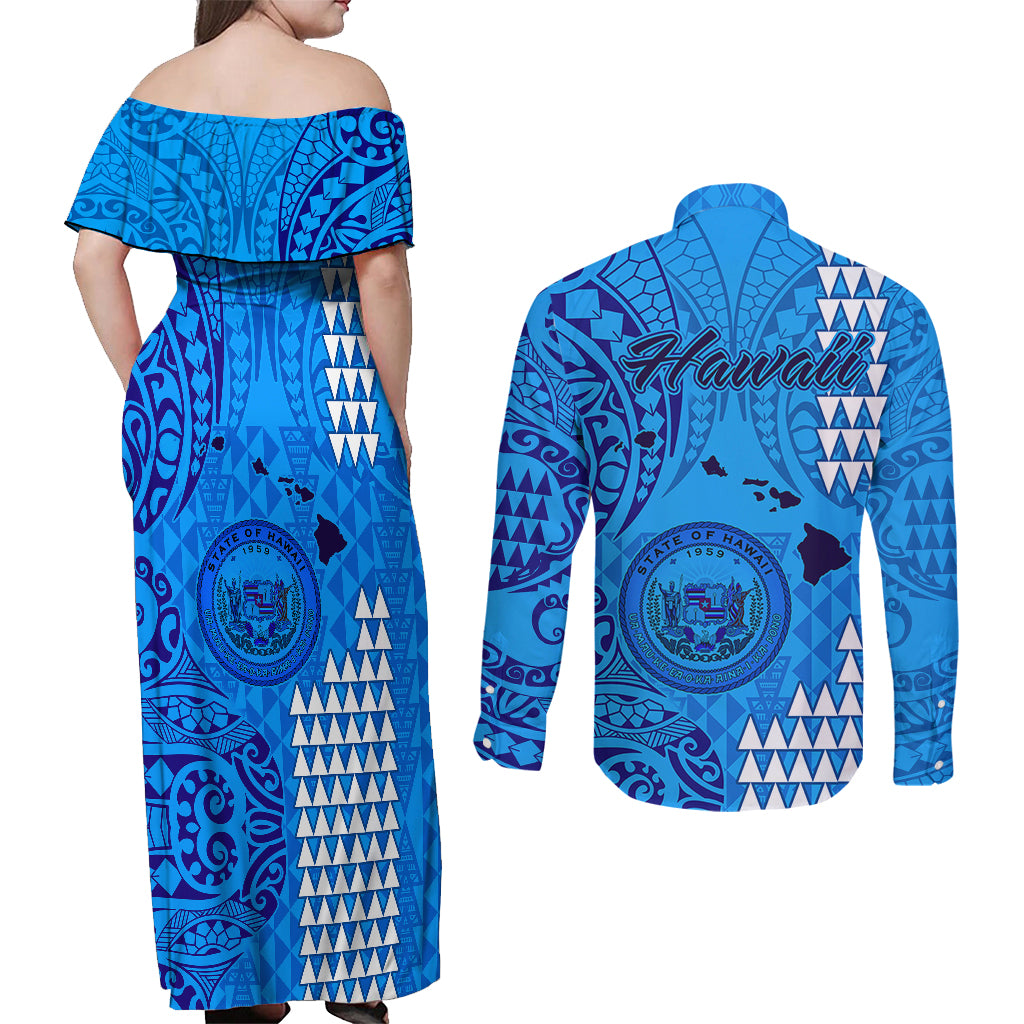 Maui Island Couples Matching Off Shoulder Maxi Dress and Long Sleeve Button Shirts Kakau Tribal Mixed Polynesian Pattern Blue LT9 - Polynesian Pride