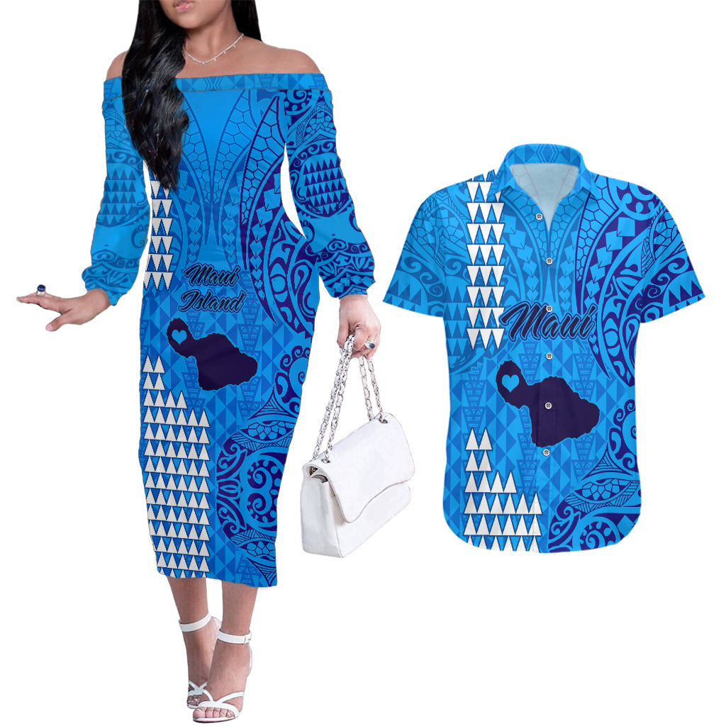 Maui Island Couples Matching Off The Shoulder Long Sleeve Dress and Hawaiian Shirt Kakau Tribal Mixed Polynesian Pattern Blue LT9 Blue - Polynesian Pride