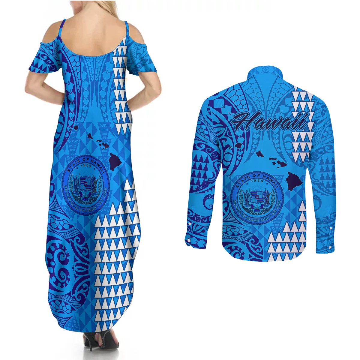 Maui Island Couples Matching Summer Maxi Dress and Long Sleeve Button Shirts Kakau Tribal Mixed Polynesian Pattern Blue LT9 - Polynesian Pride