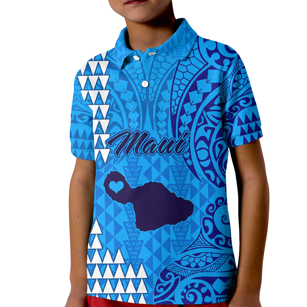Maui Island Kid Polo Shirt Kakau Tribal Mixed Polynesian Pattern Blue LT9 Kid Blue - Polynesian Pride