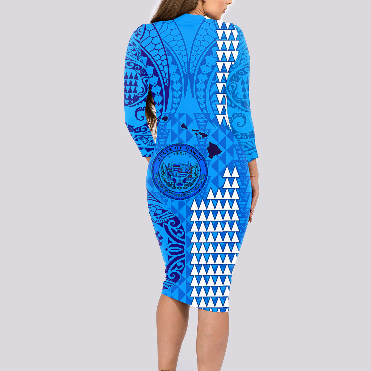 Maui Island Long Sleeve Bodycon Dress Kakau Tribal Mixed Polynesian Pattern Blue LT9 - Polynesian Pride
