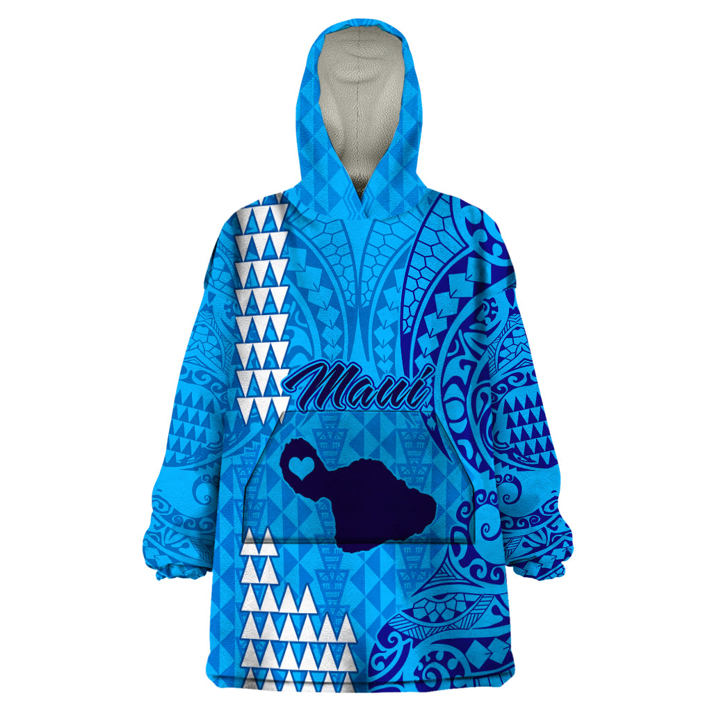 Maui Island Wearable Blanket Hoodie Kakau Tribal Mixed Polynesian Pattern Blue LT9 One Size Blue - Polynesian Pride