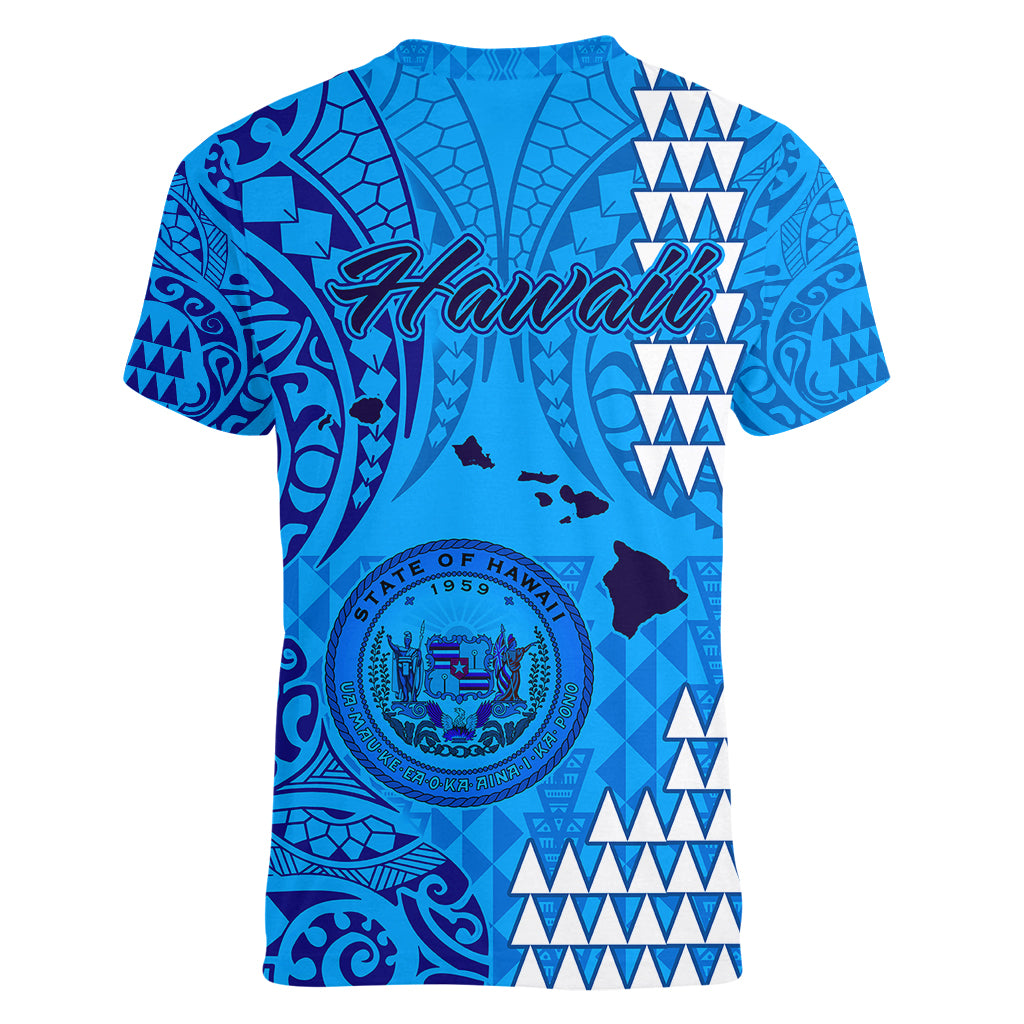 Maui Island Women V Neck T Shirt Kakau Tribal Mixed Polynesian Pattern Blue LT9 - Polynesian Pride